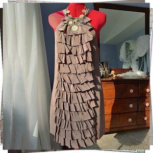 NWOT: Ruffled Racerback Taupe Color Silk Dress (6) by Va Et Vien